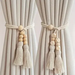 Bohemian Style Wooden Bead Curtain Tassels Set of 2, Cream Color Fringe Decorative Tiebacks for Living Room Bedroom Kitchen Decoration, Interior Decoration Accessories