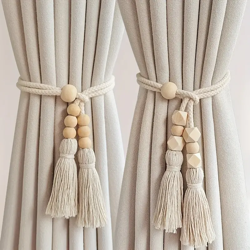 Bohemian Style Wooden Bead Curtain Tassels Set of 2, Cream Color Fringe Decorative Curtain Tiebacks for Curtains for Living Room Bedroom Kitchen Decoration, Interior Decoration Accessories, Window Decorations Supplies