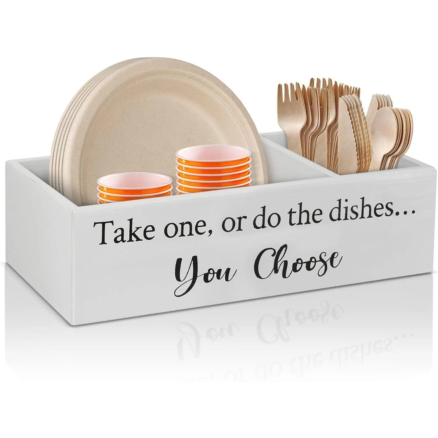 Kitchen Countertop Paper Plate Holder Utensil Caddy Organizer, Wooden Paper Plate Dispenser for Wedding, Party, BBQ, Rustic Kitchen Utensil Caddy for Cups, Forks, Spoons, Plates, Napkins
