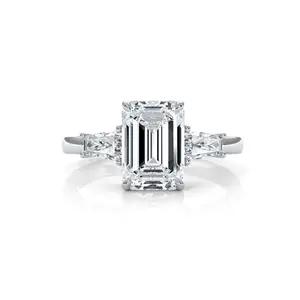 3 Stone Emerald Lab Grown Diamond IGI Certified Engagement Ring 14k White Gold 2.61 Ctw.