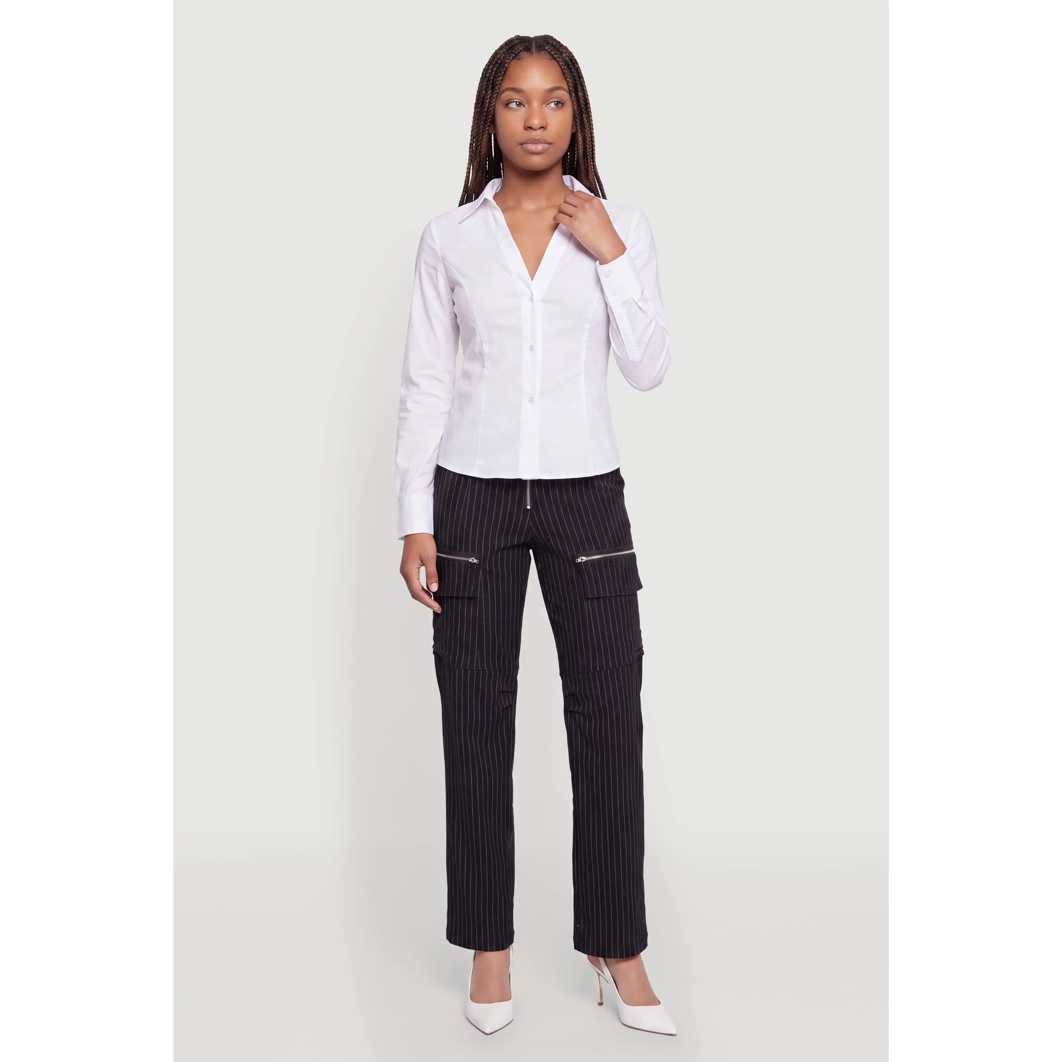 Pinstripe Zip Front Cargo Pocket Pants