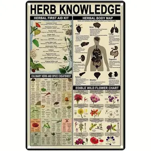 Vintage Herb Knowledge Metal-Sign, 1 Count Herbal First Aid Kit Info Poster, Pharmacist Study Guide, Multi-functional Kitchen Decor, Ornaments, Home Decor Products