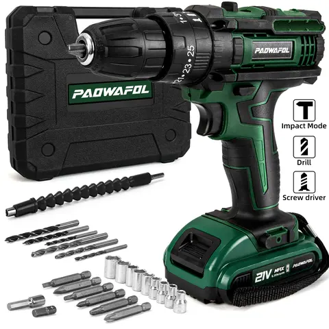 PAOWAFOL Cordless Drill Electric Power Drill with 2 Battery  Two Variable Speed and 25+3 Torque Settings with Work Light, Max torque 30N.m,Easy Handling,Powerful Performance,for Home Renovation, DIY Projects, Professional Daily Drill Set