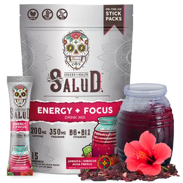 Salud 2-in-1 Energy & Focus Drink Mix with Jamaica, Organic Caffeine, B6 & B12, L-Theanine, 200mg & 350mg Caffeine, 15 Servings, Non-GMO, Gluten Free