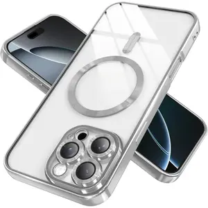 Magnetic Clear Phone Cases for iPhone 17 Pro Max 16 15 14 13 12 11 Pro Max Plus with Full Camera Lens Protection,Compatible with MagSafe,Plating Soft TPU Phone Case,Anti-Scratch Shockproof Slim Cover case for iphone 17 Pro Max