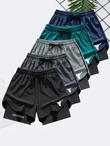 Men's Letter & Bull Head Print 2 in 1 Double Layer Drawstring Waist Gym Shorts, Regular Fit Casual Comfortable Breathable Quick Drying Anti-Exposure Pocket Shorts for Gym Workout Running, Breathable Athletic Shorts, Men's Bottoms for Summer