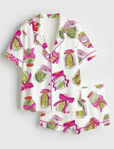 Pickle Lover Pajama Set with Pink Bows, Satin Pajama Pickle Lover Bow Nightwear Women Gift, Sleepwear Pickle Set, Unique PJs with Design, Summer Sleepwear, Pajama Sets Women, Nightwear Set For Women And Kids
