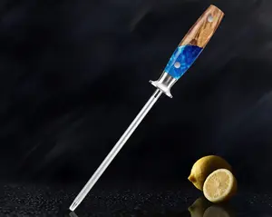 Professional Chef Sharpening Steel with Emery Rod & Blue Resin Handle - For Sharpening And Honing Up to 63 HRC including Damascus Knives