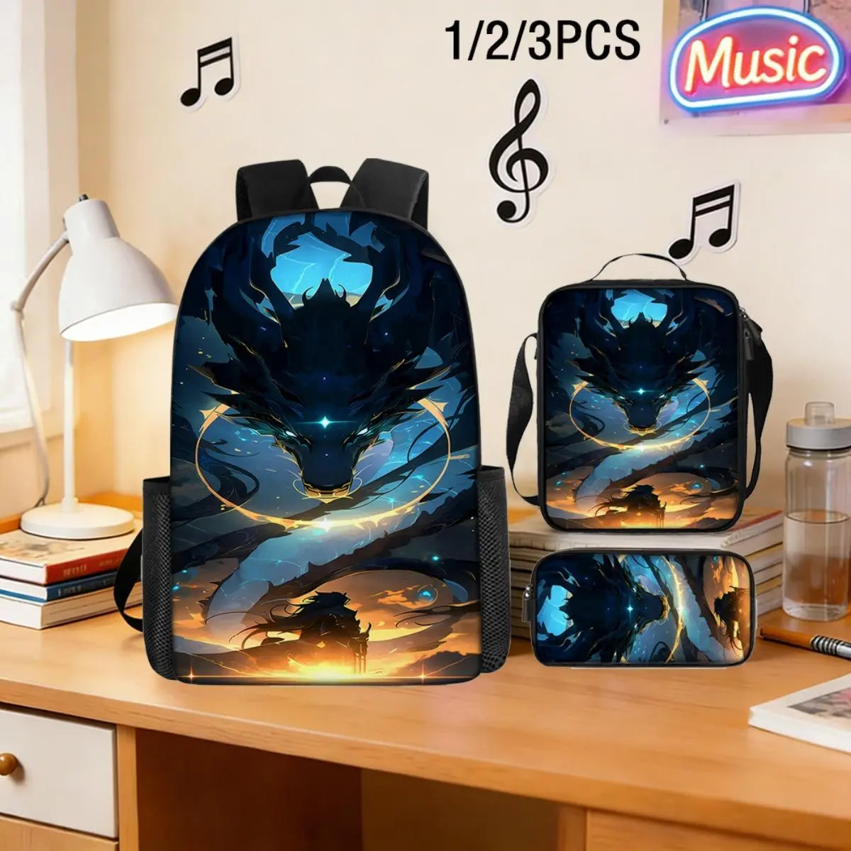 s3pcs Traditional Chinese Dragon Style Cool Travel Backpack Set Starry Sky Azure Dragon Theme Large Capacity Outdoor Backpack Daily Commute Bag Laptop Backpack Student Book Bag, for Teenager, For Teenager