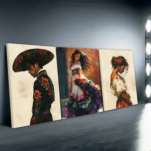 3pcs/Set Wooden Frame, Mexican Art Prints, Vintage Wall Art, Mariachi Southwestern Modern Wall Art Canvas Painting, Colorful Folklorico Woman Art Poster Print Wall Pictures, Ideal For Bedroom, Office, Living Room, Home Decoration, Modern Art Design