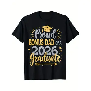 Celebration T Shirt for Proud Bonus Dad of 2026 Graduation Class Featuring Golden LetteringPerfect for Father's Day or Festive Events in a Comfortable Casual Fit