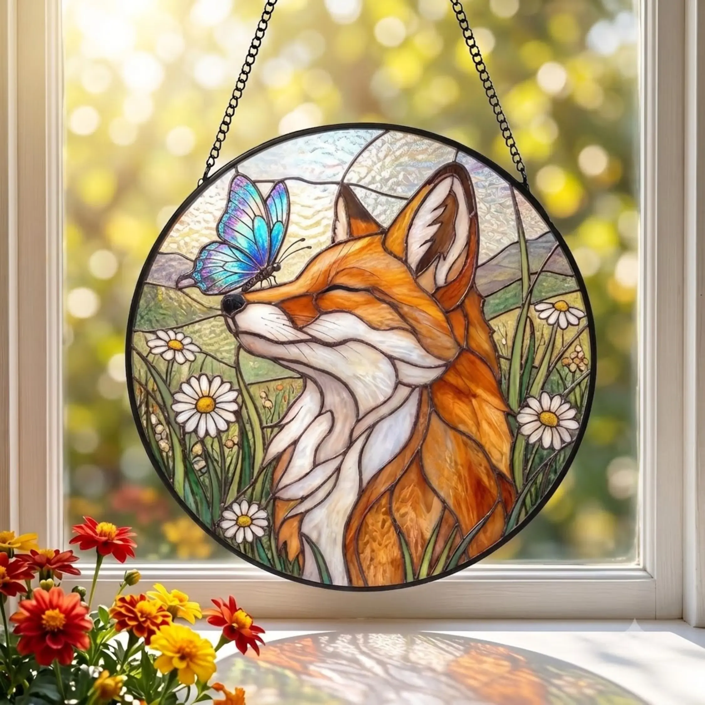 Stained Glass Fox and Butterfly Suncatcher, Daisy Flower Window Hanging Decor