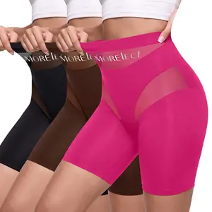 MORELECT 1/3/5 Pcs Women's High Waist Boyshorts, Sheer Mesh Splicing Breathable Design Leggings, Brand Logo Detail, Fashionable Shorts for Outdoor Wear, Lightweight Spring Summer Panties.