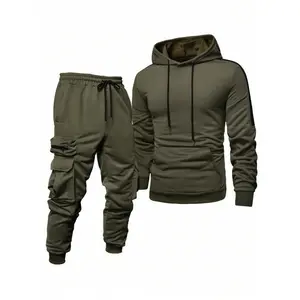 Men's Two-Piece Set Hooded Sweatshirt & Cargo Pants, Comfortable Breathable Fabric, Multiple Pockets, Casual Outdoor Fitness Wear, Streetwear Tracksuit Set
