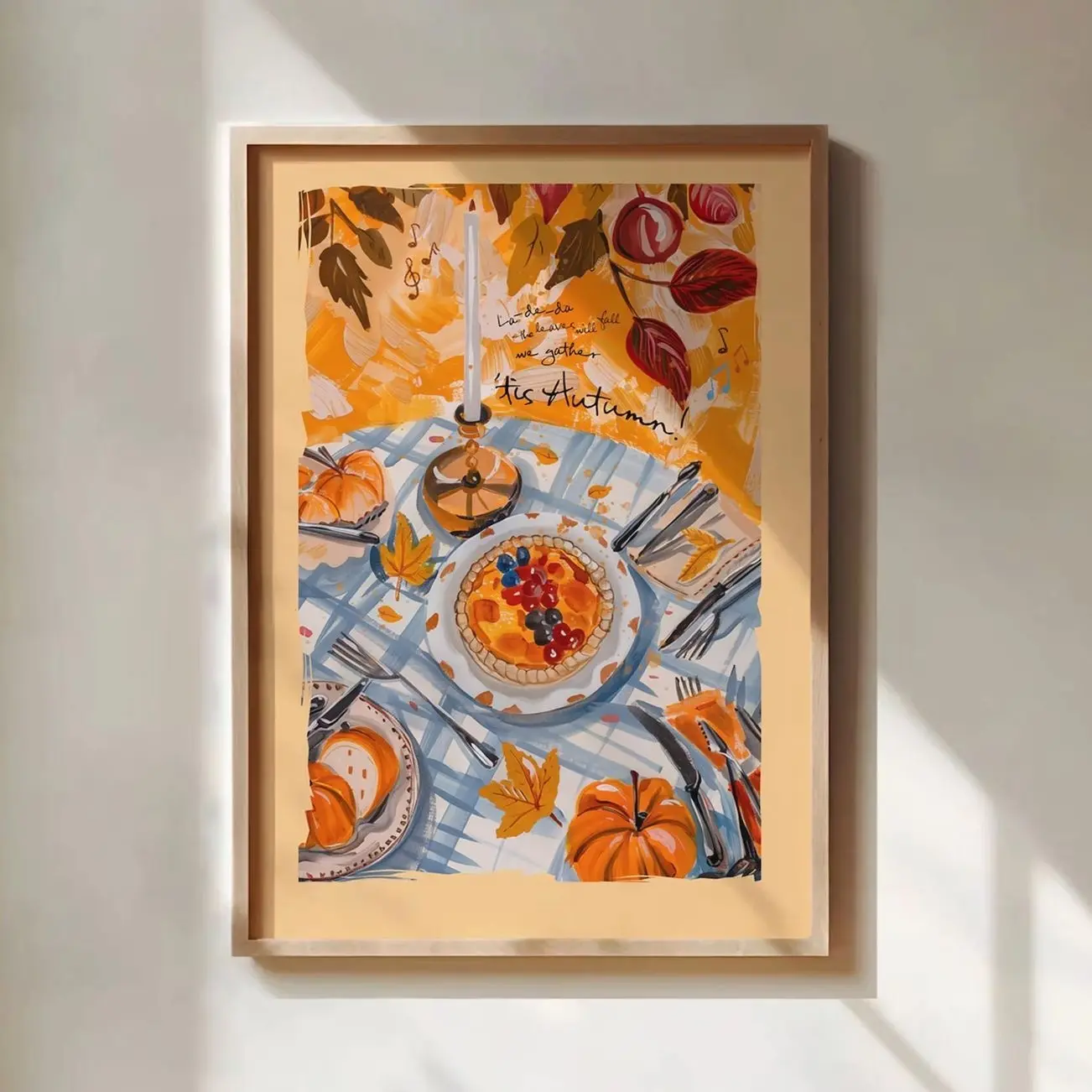 Autumn Pumpkin Pie Wall Art, Cozy Thanksgiving Poster, Vintage Fall Kitchen Print, Warm Seasonal Home Decor | Framless Poster F