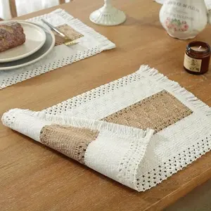 4PCS Two-Color Striped Placemat Nordic Splicing Woven Knotted Tassel Table Runner For Home, Coffee Table, Dinner Parties, And Festivals, Home Table Decor | Bohemian Table Setting