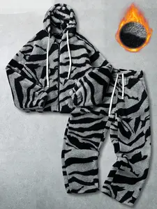 Men's Zebra Print Fleece Sportswear Set, Street Hip-Hop Style, Warm Fashion Design, Suitable for Campus, Outdoor, Daily Wear, Streetwear Tracksuit Set
