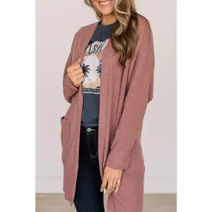 Mineral Red Solid Color Waffle Knit Cardigan with Pocket