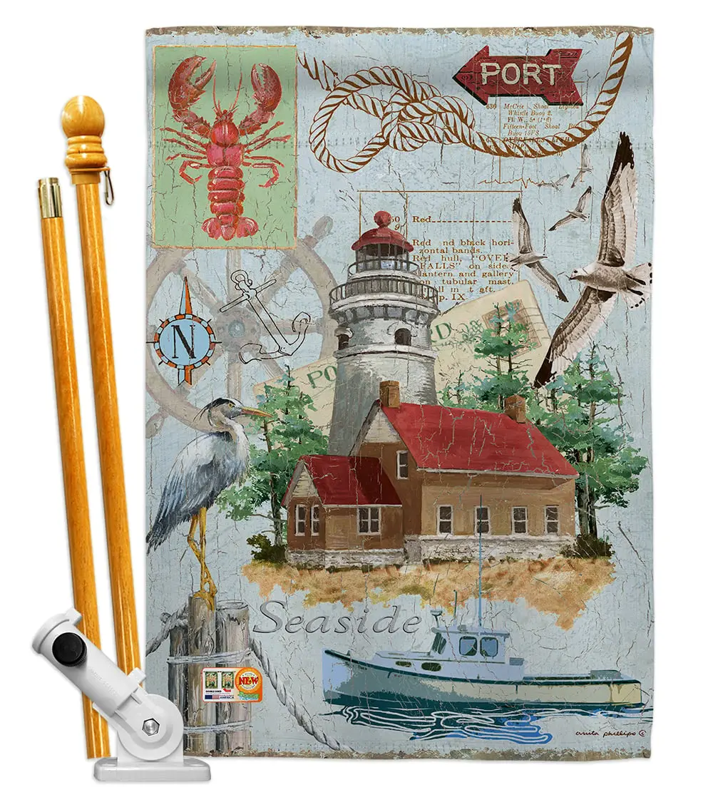 Breeze Decor BD-NA-HS-107053-IP-BO-D-US18-SB 28 x 40 in. Seaside Lighthouse Coastal Nautical Impressions Decorative Vertical Double Sided House Flag Set & Pole Bracket Hardware, Usa Yard Flag
