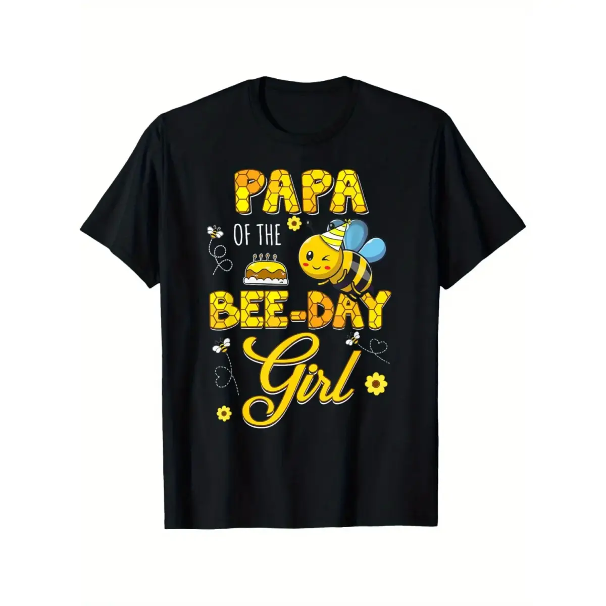 Men's "Papa of the Bee-Day Girl" T-Shirt, Casual Cotton Graphic Top with Round Neck and Short Sleeves for Birthday Party, Cargo, Shortsleeve, Menswear, Tops
