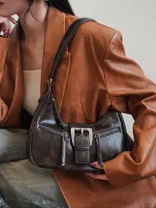 Women's Solid Color Zipper Shoulder Bag, Fashionable PU Leather Crossbody Bag for Daily Used, Casual Trendy Versatile High-quality Daily Commuting Bag, Casual Trendy Purses