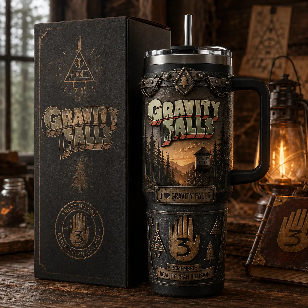 Sipora4U Gravity Falls 40oz Stainless Steel Tumbler with Handle & Straw, Double Wall Insulated Mystery Cartoon Travel Mug, Bill Cipher & Journal 3 Inspired Cup, Gravity Falls Fan Gift