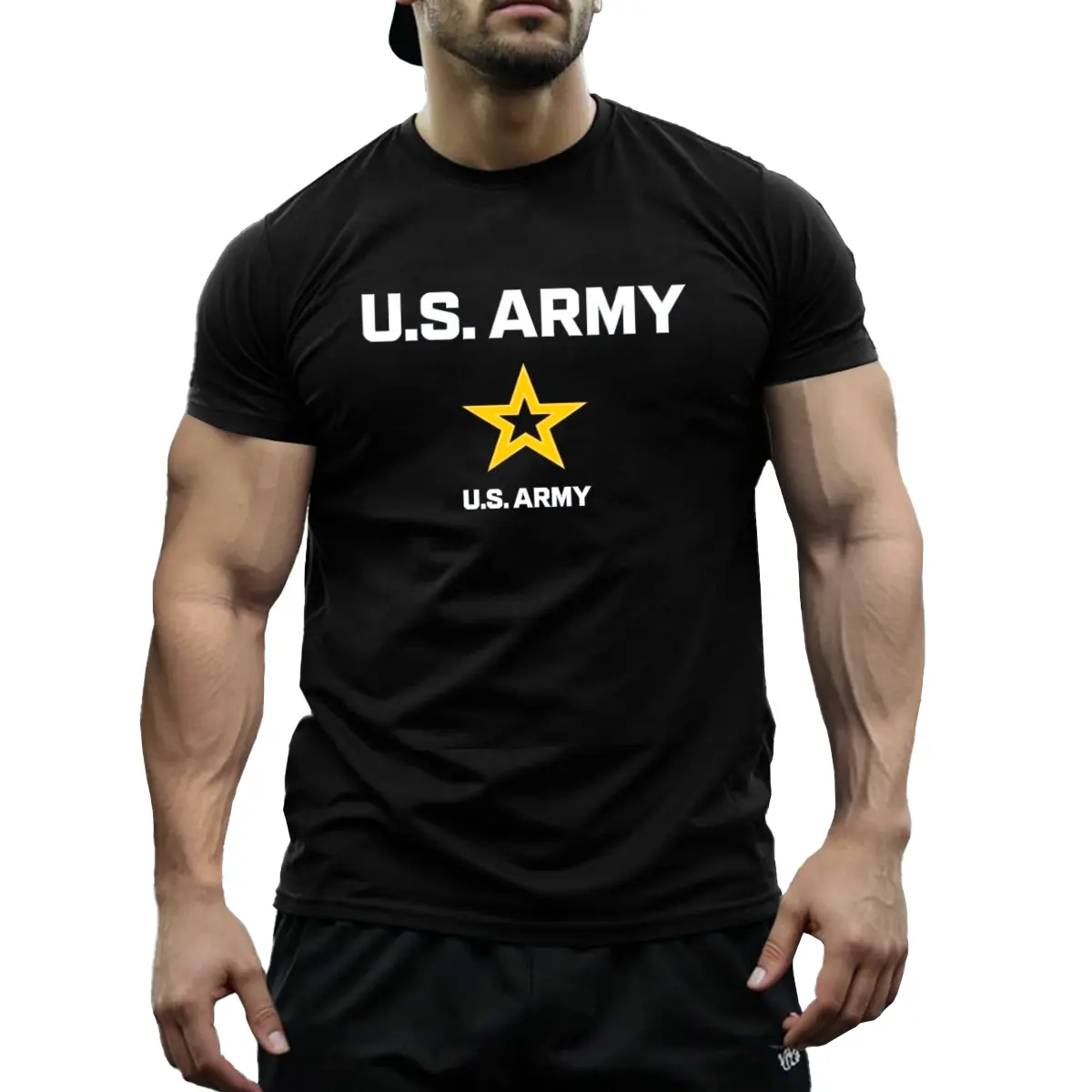 Military U.S. Army Graphic T-Shirt for Men, Black with Yellow Print Heavyweight 100% Cotton Crew Neck, Breathable Tactical Tee for Gym or Outdoor, All-Season Casual Outfit for Everyday Wear