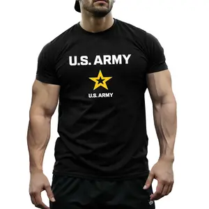 Military U.S. Army Graphic T-Shirt for Men, Black with Yellow Print Heavyweight 100% Cotton Crew Neck, Breathable Tactical Tee for Gym or Outdoor, All-Season Casual Outfit for Everyday Wear