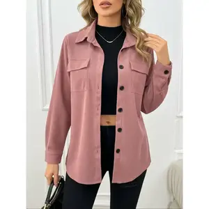 Women’s plain corduroy shirts with front buttons and pockets, casual fitted long-sleeve collared tops for fall and winter, women’s clothing for everyday wear