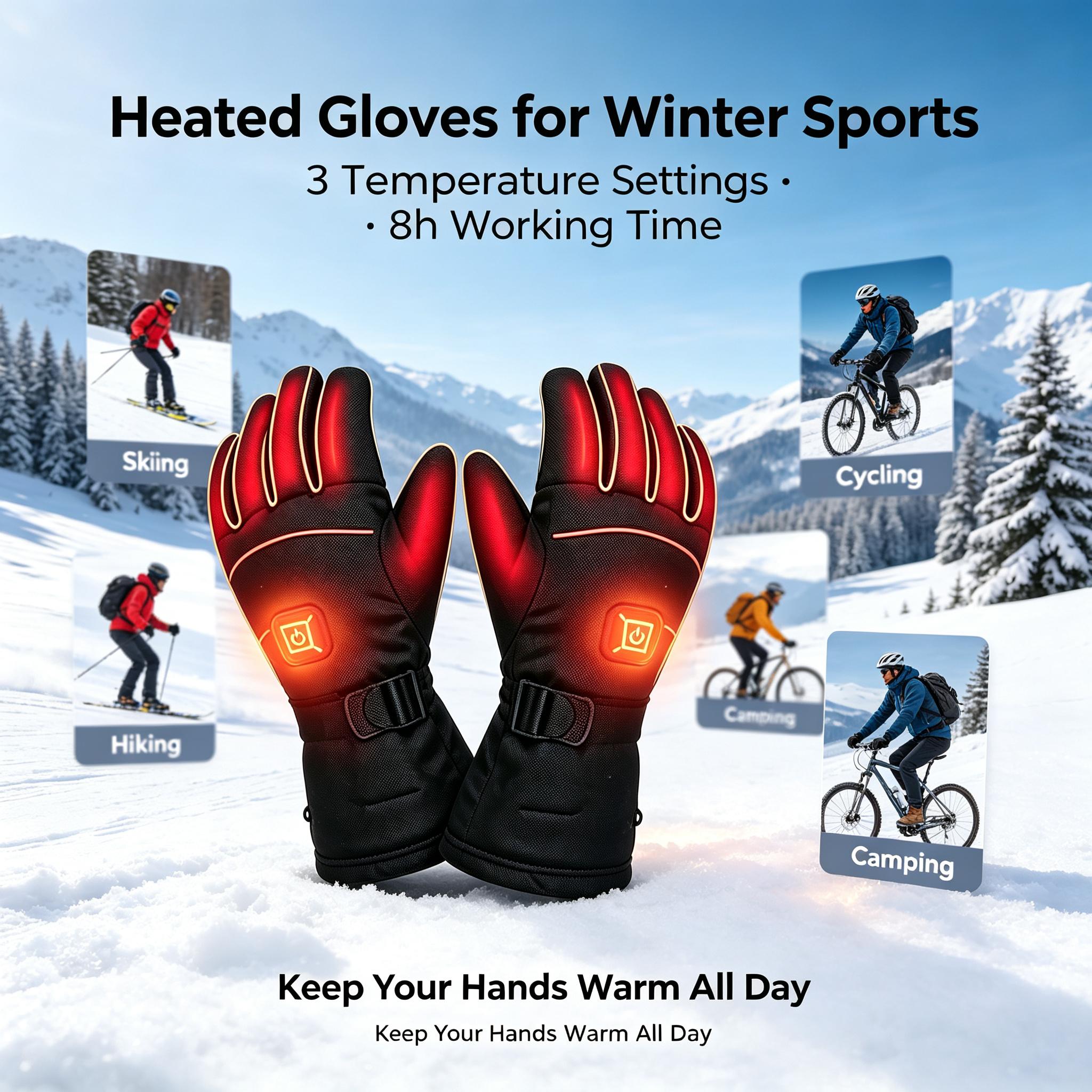 Unisex Rechargeable Heated Gloves, 3 Temperature Settings, Up to 8H Working Time, Touchscreen Waterproof Outdoor Sporty Hand & Foot Warmers for Skiing, Hiking, Winter Gift