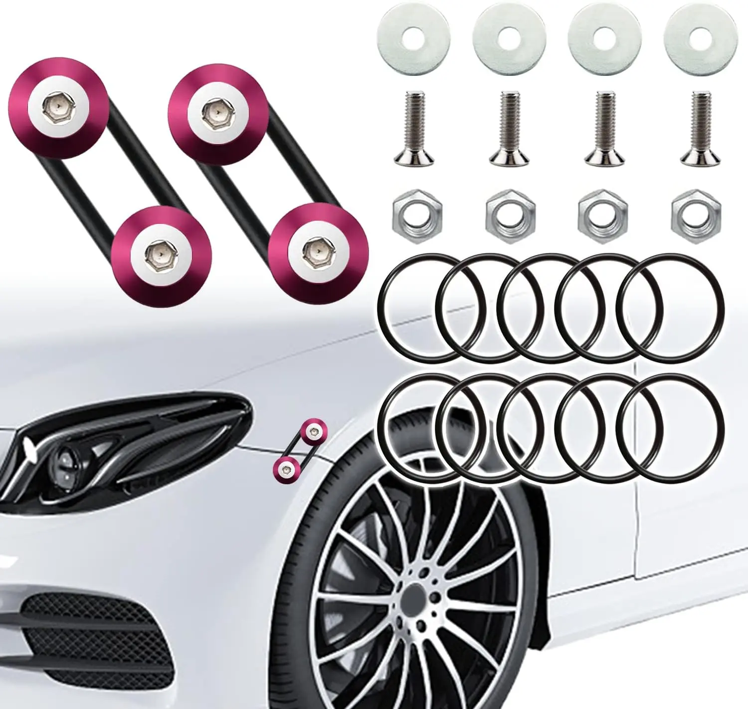Pink Universal Bumper Quick Release Clip Set (12PC) with 12 x Nitrile Rubber (NBR) O-Rings & Aluminum Alloy Fasteners for Car Front/Rear Bumpers, Trunks, Fenders