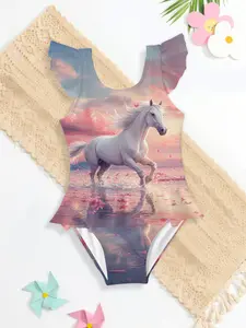 Summer Cute Girl Casual Cool Horse Print Jumpsuit, Fresh Adorable Sleeveless One-Piece Swimsuit, Birthday Gift, Beach, Outdoor Sports