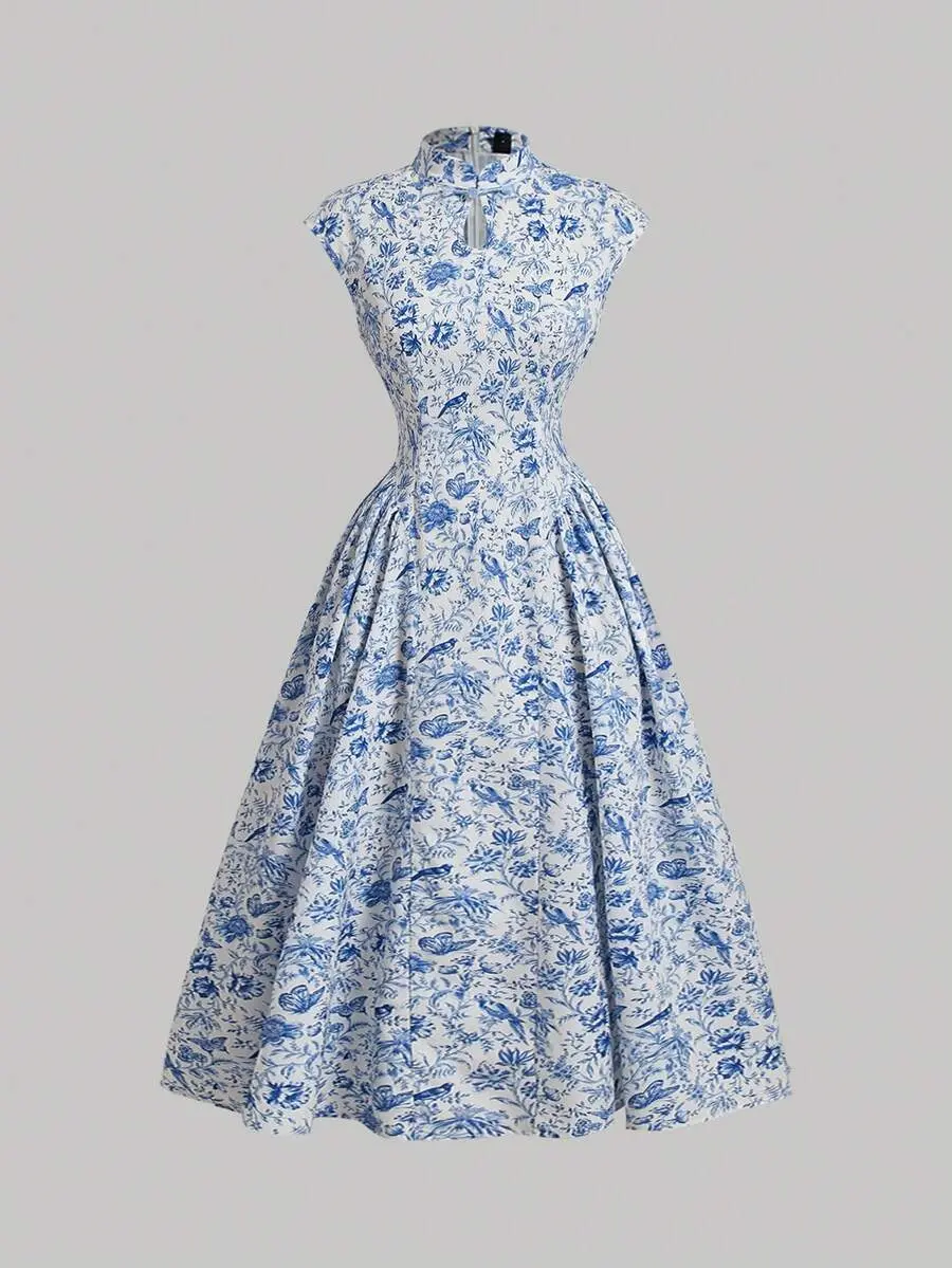 New Chinese Style Blue Floral Dress With Buckle Decoration, Teacher Dress, Autumn Dress, Back To School Clothing,Homecoming Dresses,Homecoming Dresses,Date Night Dress,Blue Women Dresses