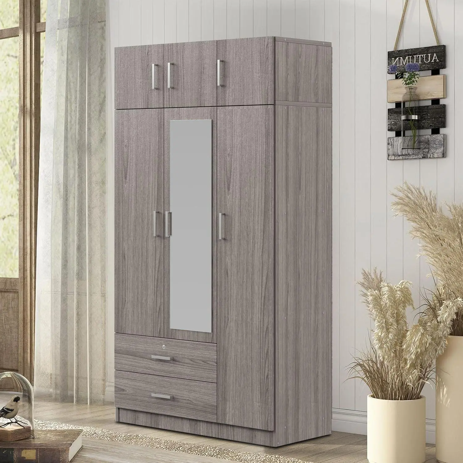 Classic Freestanding Wooden Storage Wardrobe with Mirrored Door - 4 Cabinets and 2 Drawer