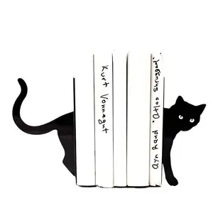 1 Pair of Metal Books Ends Decorative, Cat Bookends Cute for Bookshelf,Unique Heavy Books Holder, Black Office Decor Cat Desk Accessories, Office Decoration