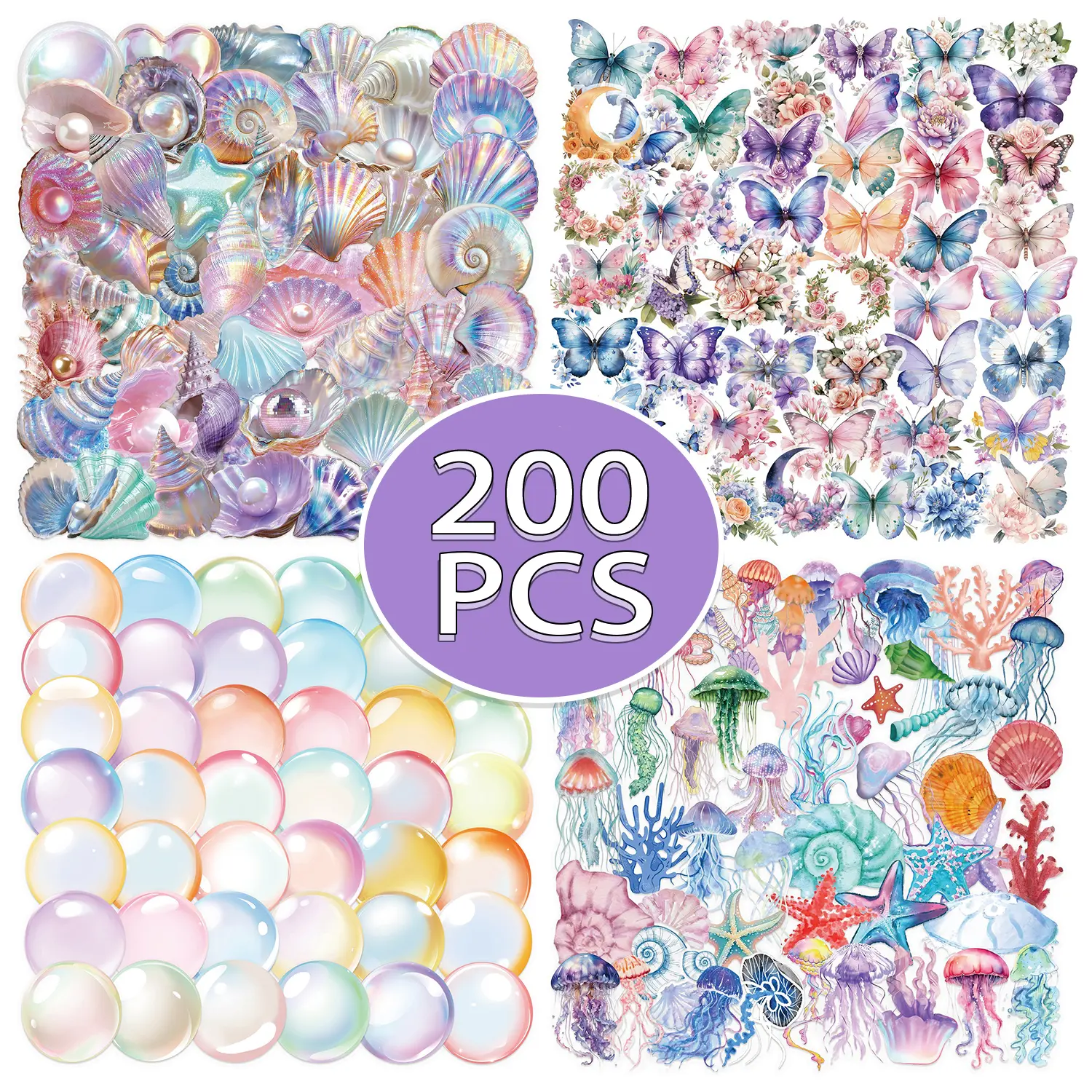 200Pcs Aesthetic Transparent Stickers, 4 Styles PET Seashell Butterfly Bubble & Ocean Waterproof Stickers for Journaling, Scrapbook, Phone, Laptop & DIY Crafts