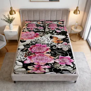 Leopard Floral Pattern Fitted Sheet, Includes 1 Flat Sheet And 2 Pillowcases, Non-Slip Dust Cover For Teen Adult Bedrooms And Guest Rooms, Ideal Bedding Set Gift For Self Use Or Giving As a Gift