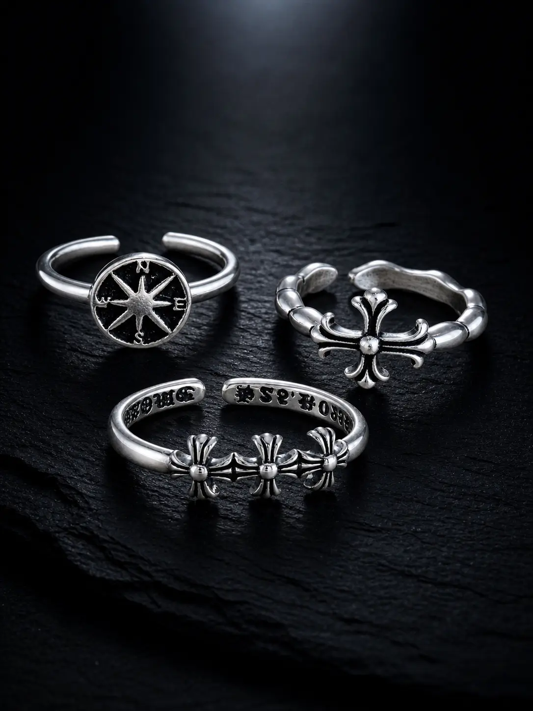 3-Piece Retro Silver Color Chunky Ring Set, Vintage Cross & Compass Stackable Midi Rings, Trendy Everyday Accessories