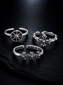 3-Piece Retro Silver Color Chunky Ring Set, Vintage Cross & Compass Stackable Midi Rings, Trendy Everyday Accessories
