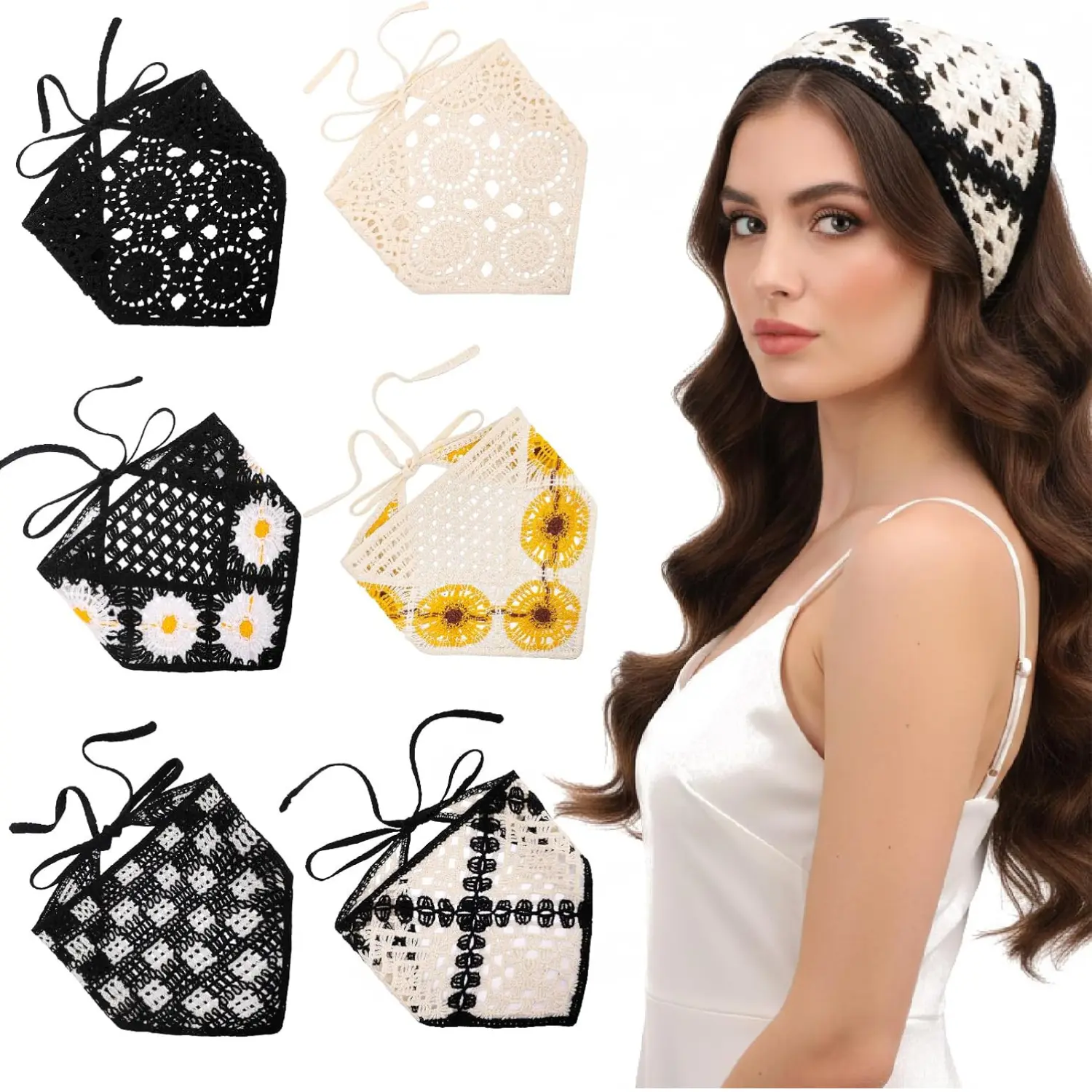 Women's 6-Pack Crochet Bandana Headbands - Knitted Fabric, Breathable Soft Crochet Work, Daisy Print Tie-Back Hair Wraps for Casual Outings, For Women, One Size Fit