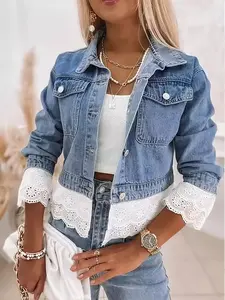 Cropped Denim Jacket with Lace Trim