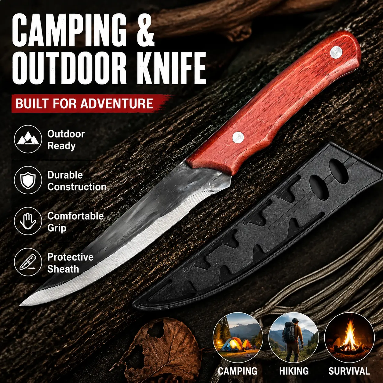Meat Bone Cleaver - 15° Double Edge Hammer-Patterned Stainless Steel, Ergonomic Palm Curve Fit Mahogany Handle, for Outdoor Camping Cooking, Meat Cutting, Camp Kitchen Use, 15° Double-Sided Cutting Edge, Butcher Shops, Kitchenware, Ergonomic Curved Design