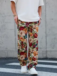Men's Plush Thick Pale-Base Art Floral Tapestry Casual Long Pants, Comfy Loose Draping Mix-and-Match Bottoms, Elastic Waistband, Side Concealed Pockets, Vibrant Painterly Flower Jacquard, Stiff Draped Silhouette for Daily & Casual Scenarios, Comfy Men's P