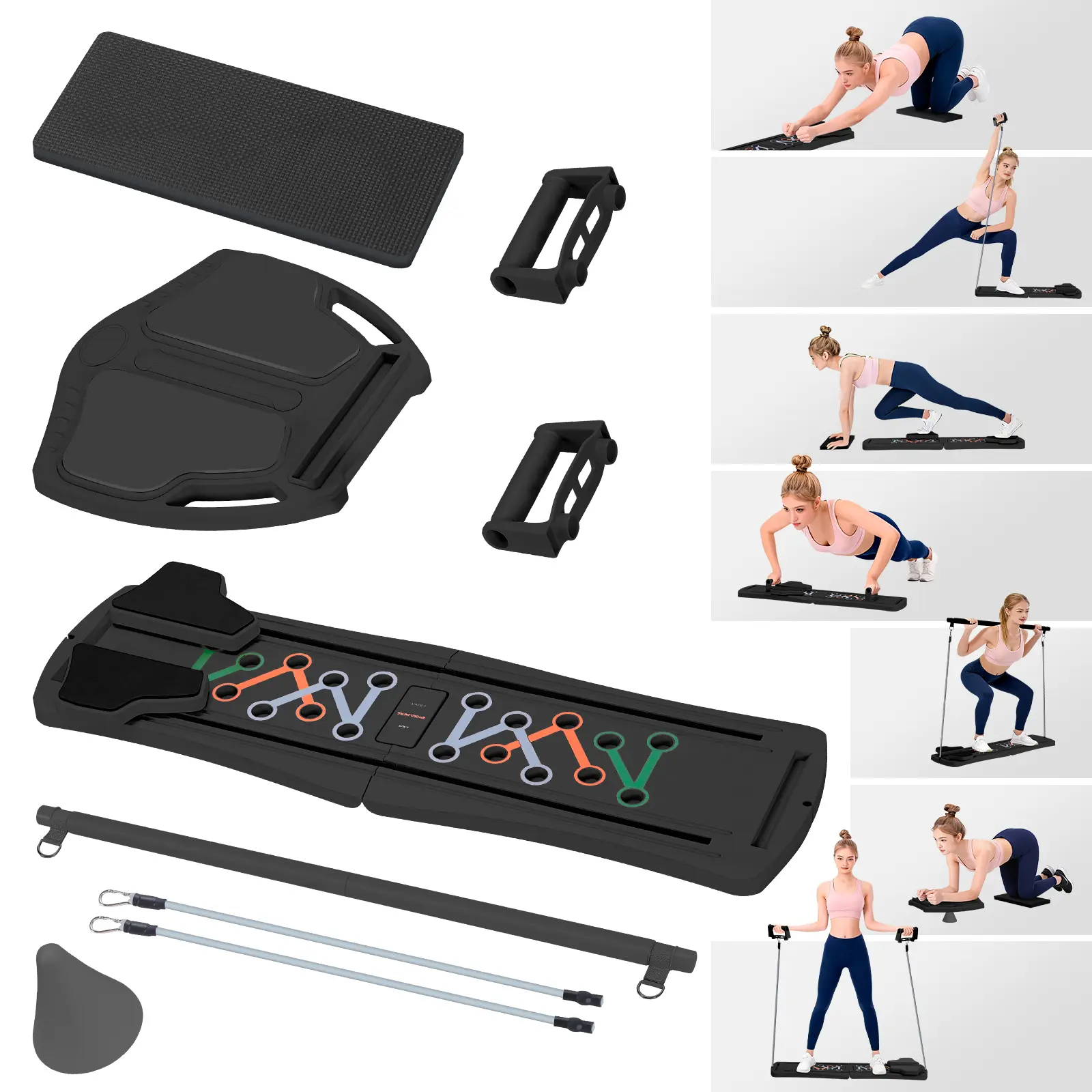 Women's Black Space-Saving All-In-1 Foldable Push-Up Board with Resistance Tubes, Full-Body Muscle Workout Home Fitness Platform