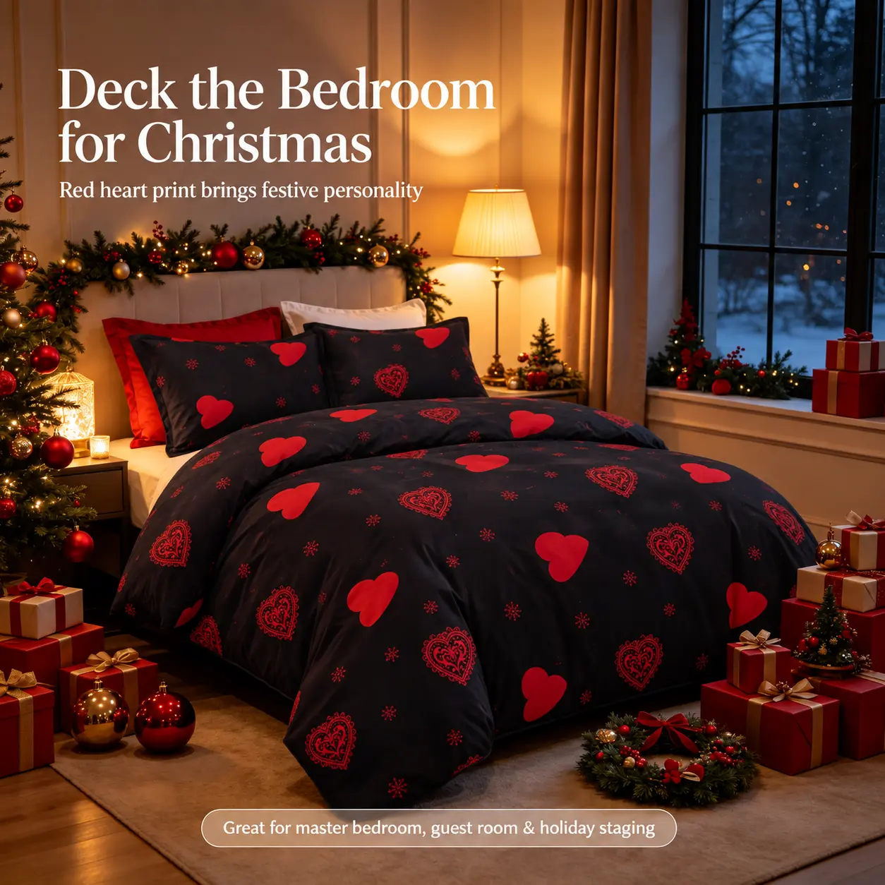 Black Red Heart Snowflake Duvet Cover Set, 2/3-Piece 100% Brushed Polyester Microfiber Bedding, Hidden Zipper, Corner Ties, Soft All-Season, Twin/Queen/King Sizes, Christmas Gift