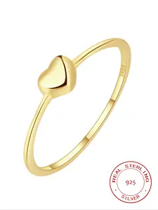 Cute S925 Silver Heart Shaped Ring, Simple Polished Peach Heart Design, Sweet Girl Style Daily Wear Jewelry Gift