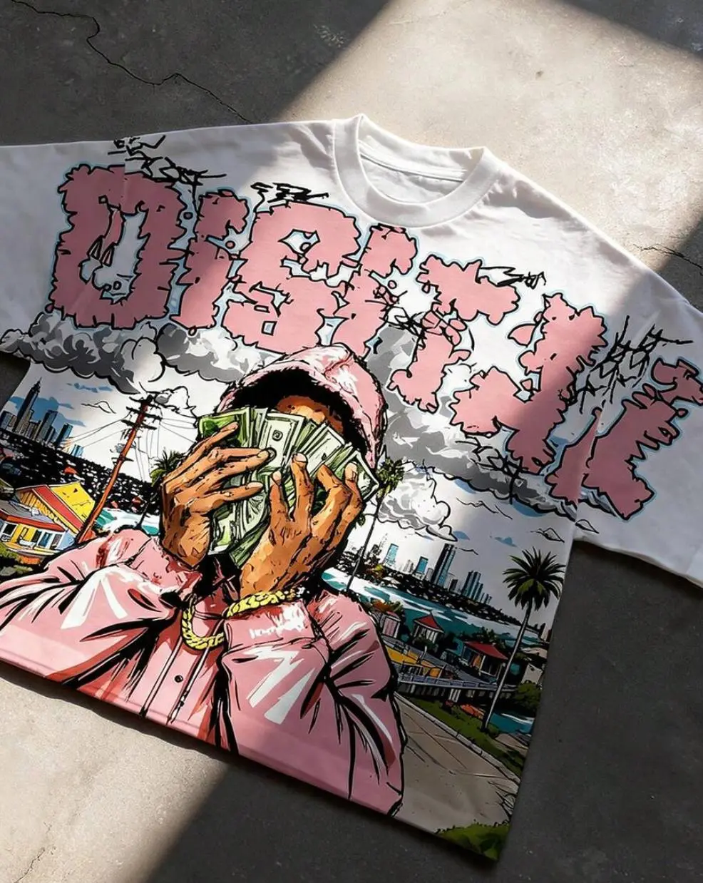 Men's All Season Oversized Shirt, White Streetwear City Break Urban Figure Portrait Graffiti Graphic Print Crew Neck Short Sleeve Relaxed Fit Tee, Y2K