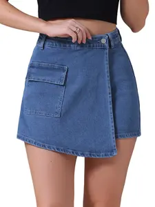 INSPIRE CHIC Women's Denim Cargo Faux Wrap Skirts High Waisted Country Concert Jean Skort Mini Shorts Dark Blue