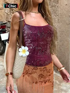 Vintage Party Sexy Vacation Sequin Waist Cinching Tank Top, Sleeveless Cami, Slim-Fitting, Plain Pattern, Holiday Style