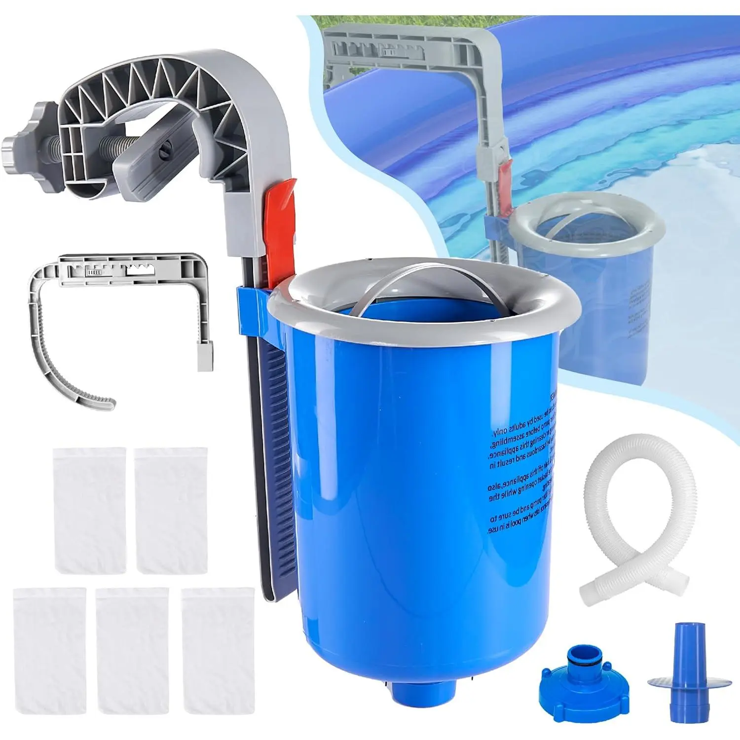 Above Ground Pool Skimmer with 5 Skimmer Socks, Wall Mount Floating Surface Skimmer with Hose & Basket, Adjustable Pool Filter for Automatic Leaf and Debris Removal